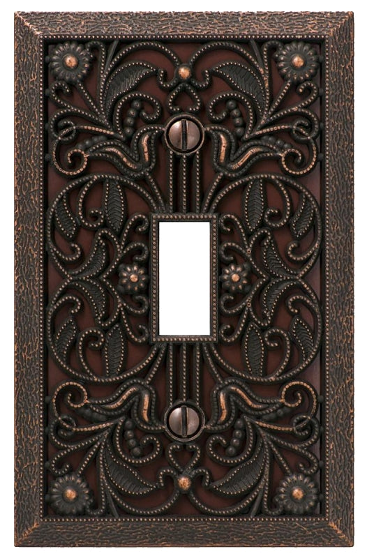 Amerelle Filigree Series 65TDB Wallplate, 4.45 in L, 2.8 in W, 1-Gang, Metal, Aged Bronze, Pack of 4