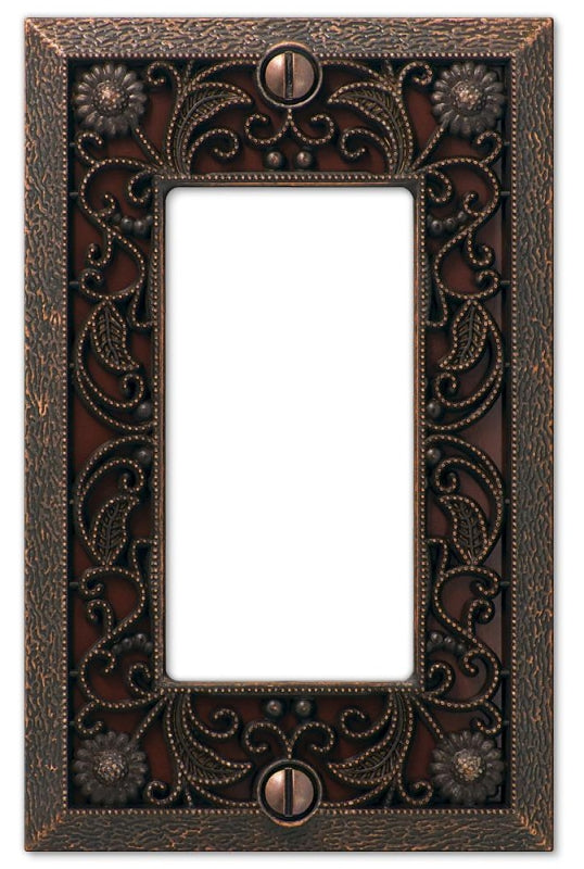 Amerelle Filigree Series 65RDB Wallplate, 4.45 in L, 2.8 in W, 1-Gang, Metal, Aged Bronze, Pack of 4