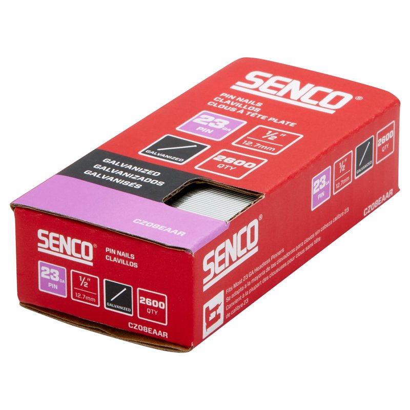 Senco CZ08EAAR Micro Strip Pin Nail, 1/2 in L, 23 ga, Steel, Galvanized/Plain, Headless Head, Smooth Shank