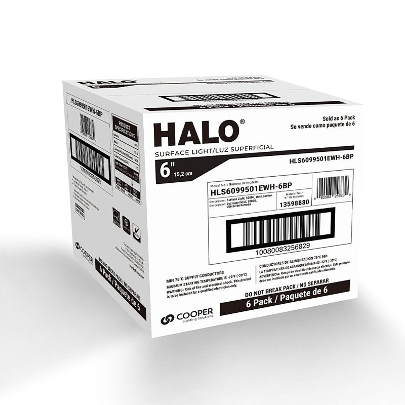 Halo HLS HLS6099501EWH-6BP Surface Light, 132 mA, 120 V, 16 W, LED Lamp, 900 Lumens, 5000 K Color Temp