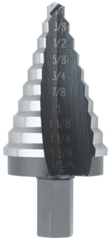 Irwin UNIBIT 10235 Step Drill Bit, 1/4 to 1-3/8 in Dia, 3-1/8 in OAL, 1-Flute, 1/2 in Dia Shank, Hex Shank