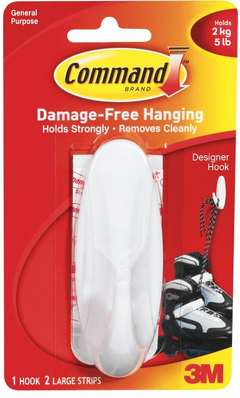 Command 17083 Large Designer Hook, 4-1/8 in L x 1-1/2 in W x 1-1/2 in H Dimensions, 3/4 in Opening, 5 lb, 1-Hook, White, Pack of 4