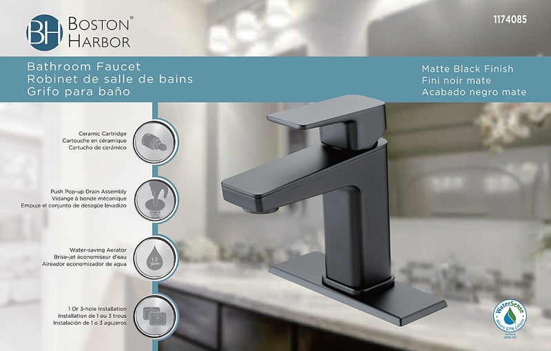 Boston Harbor FS6A0215BL Lavatory Faucet, 1.2 gpm, 1-Faucet Handle, 1, 3-Faucet Hole, Metal/Plastic, Matte Black