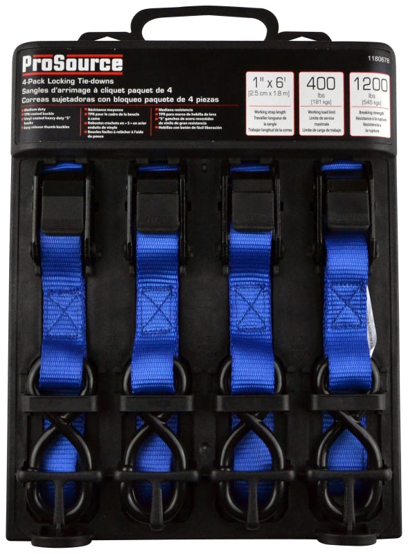ProSource FH64051 Tie-Down, 1 in W, 6 ft L, Metal/Polyester, Blue, 400 lb, S-Hook End Fitting, Steel End Fitting, Pack of 6