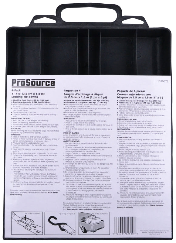 ProSource FH64051 Tie-Down, 1 in W, 6 ft L, Metal/Polyester, Blue, 400 lb, S-Hook End Fitting, Steel End Fitting, Pack of 6