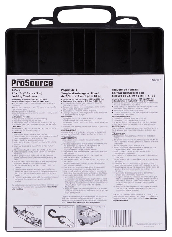 ProSource FH64068 Tie-Down, 1 in W, 10 ft L, Metal/Polyester, Camouflage, 400 lb, S-Hook End Fitting, Steel End Fitting, Pack of 6