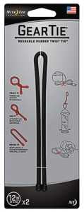 Gear Tie GT12-2PK-01 Twist Tie, Rubber, Black, 12 in L
