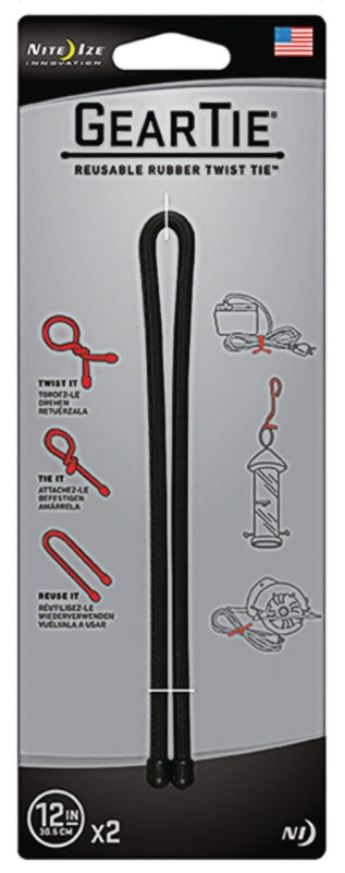 Gear Tie GT12-2PK-01 Twist Tie, Rubber, Black, 12 in L
