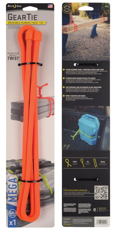 Gear Tie Mega GTM64-31-R3 Twist Tie, Rubber, Bright Orange, Pack of 4