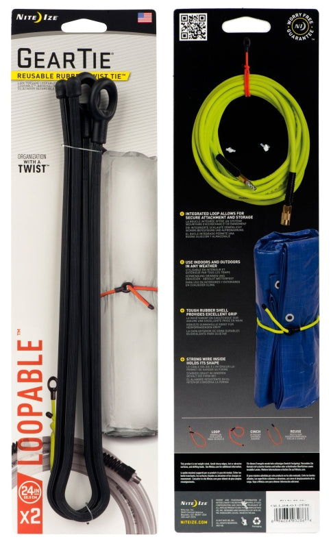 Gear Tie Loopable GLL24-01-2R6 Twist Tie, Rubber, Black, Pack of 6