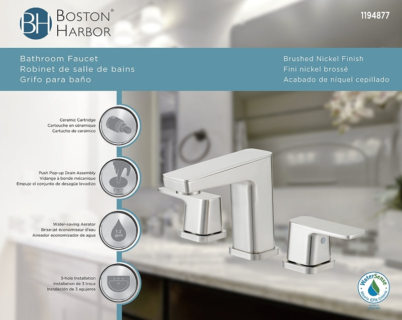 Boston Harbor FW6AC023NP Lavatory Faucet, 1.2 gpm, 2-Faucet Handle, 3-Faucet Hole, Brass/Zinc/Plastic, Brushed Nickel
