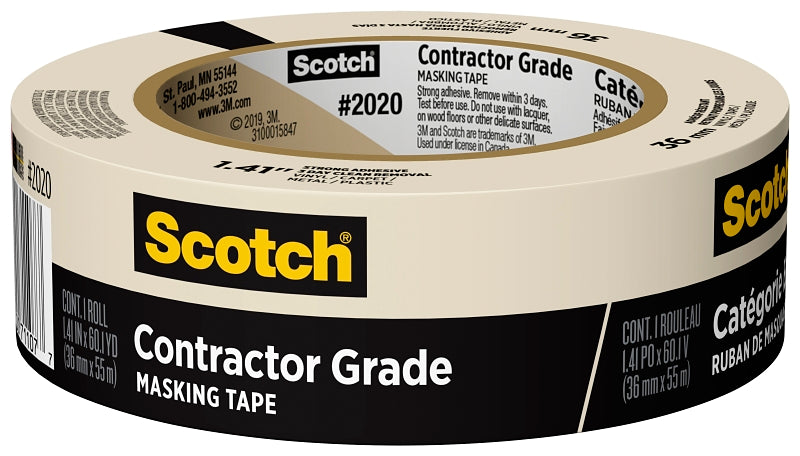Scotch 2020-36AP Masking Tape, 60.1 yd L, 1.41 in W, Polyethylene Film Backing, Tan