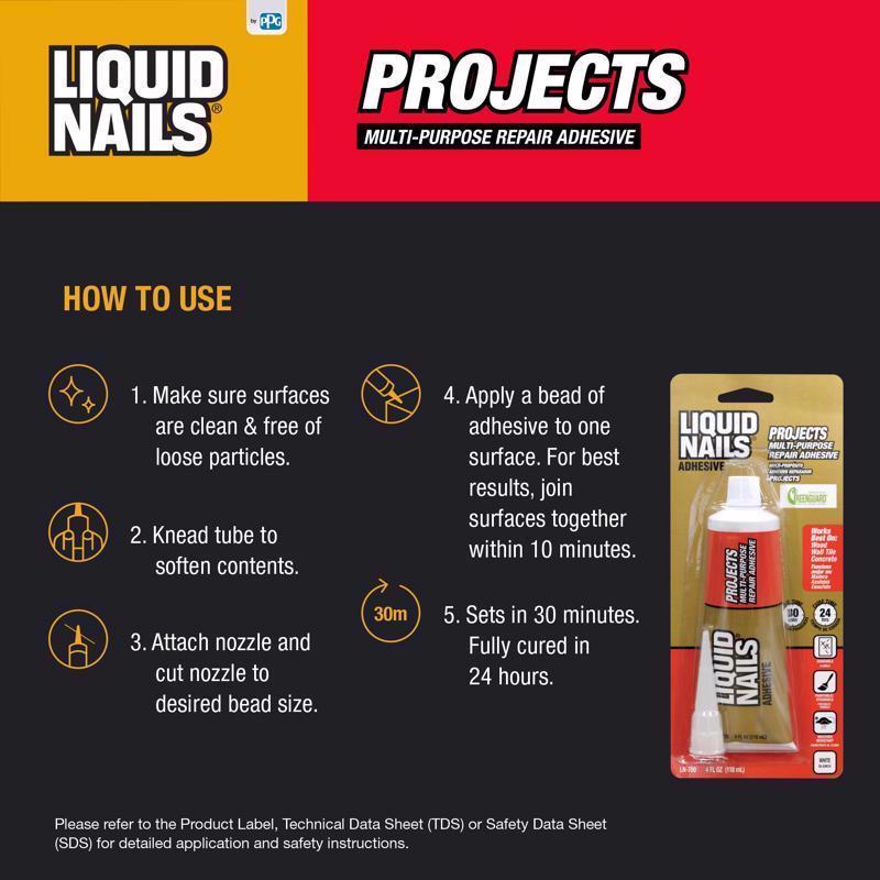 Liquid Nails Small Projects High Strength Latex White Adhesive 4 oz, Pack of 6