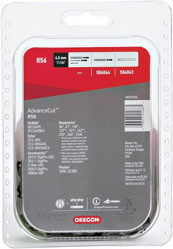 Oregon AdvanceCut Series R56 Chainsaw Chain, 90PX Chain, 16 in L Bar, 0.043 in Gauge, 3/8 in TPI/Pitch, 56-Link