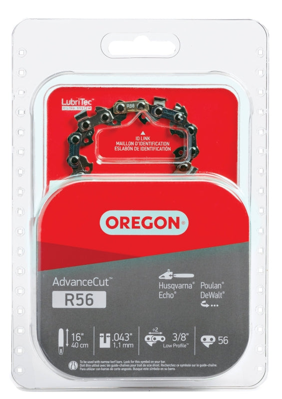 Oregon AdvanceCut Series R56 Chainsaw Chain, 90PX Chain, 16 in L Bar, 0.043 in Gauge, 3/8 in TPI/Pitch, 56-Link