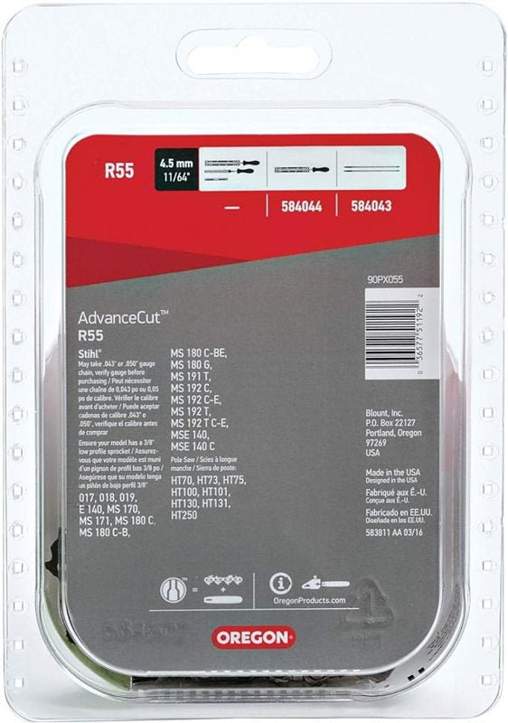 Oregon AdvanceCut R55 Chainsaw Chain, 16 in L Bar, 0.043 in, 3/8 in TPI/Pitch, 55-Link