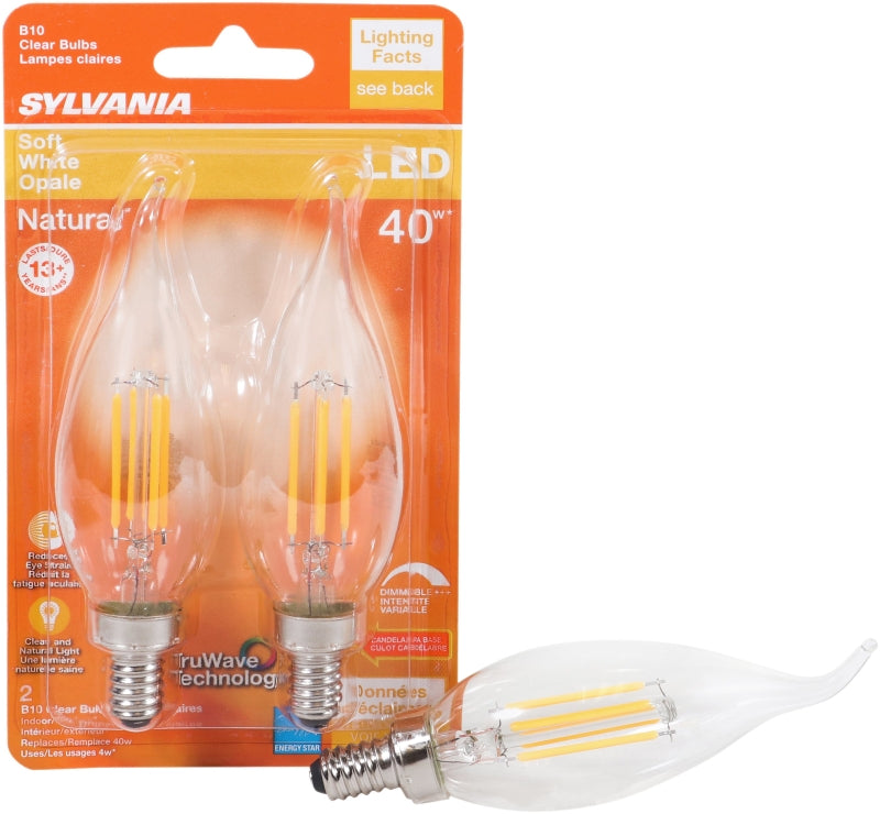 Sylvania 40755 LED Bulb, Decorative, B10 Bent Tip Lamp, 40 W Equivalent, E12 Lamp Base, Dimmable, Clear