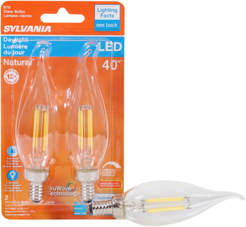 Sylvania 40791 Natural LED Bulb, Decorative, B10 Bent Tip Lamp, 40 W Equivalent, E12 Lamp Base, Dimmable, Clear