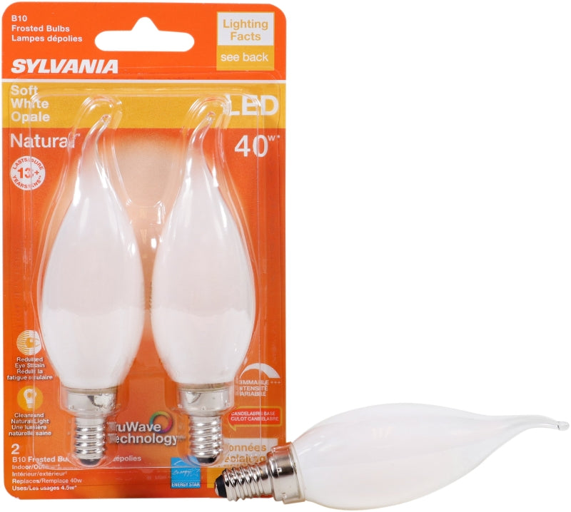 Sylvania 40779 Natural LED Bulb, Decorative, B10 Bent Tip Lamp, 40 W Equivalent, E12 Lamp Base, Dimmable, Frosted
