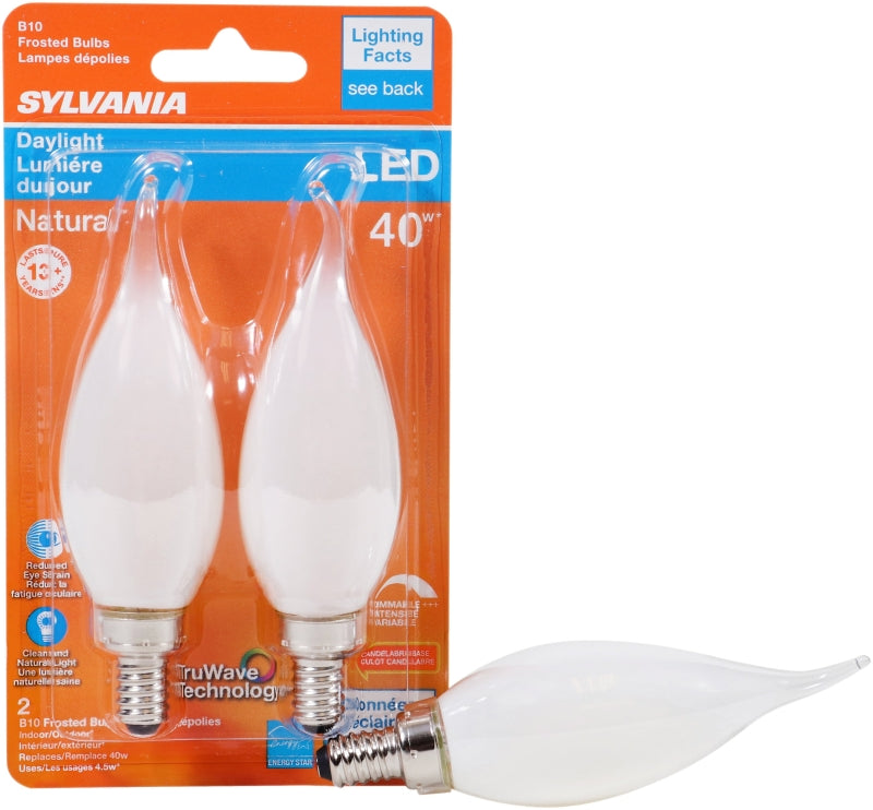 Sylvania 40780 Natural LED Bulb, Decorative, B10 Bent Tip Lamp, 40 W Equivalent, E12 Lamp Base, Dimmable, Frosted