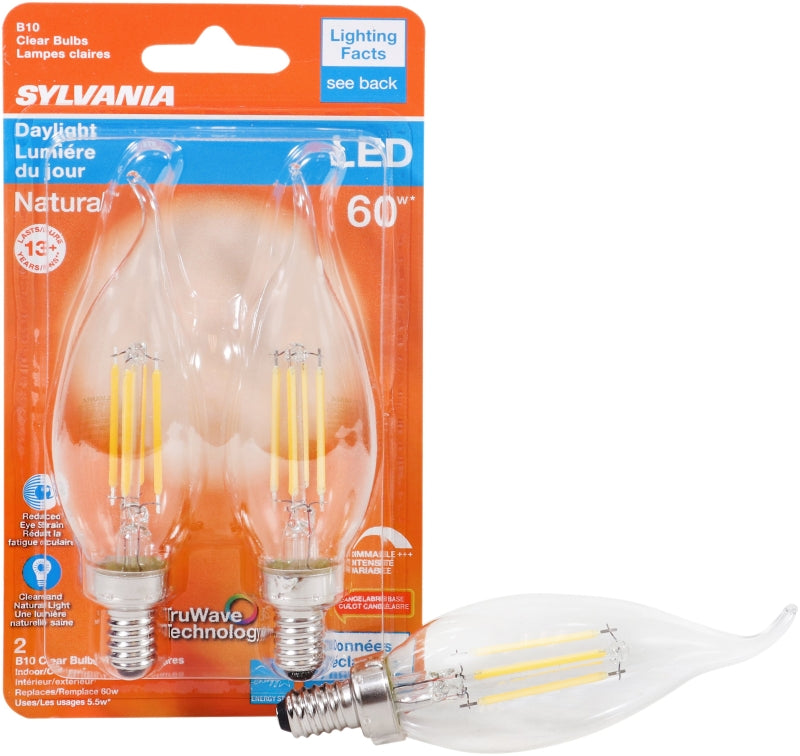 Sylvania Natural Series 40759 LED Bulb, Decorative, B10 Bent Tip Lamp, 60 W Equivalent, E12 Candelabra Lamp Base, Clear