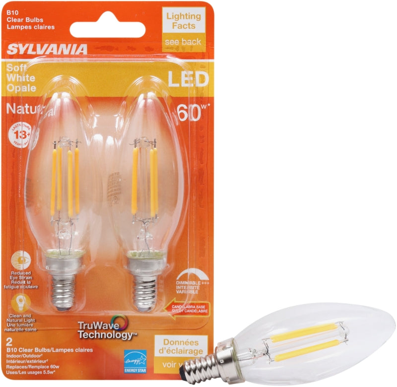 Sylvania Natural Series 40796 LED Bulb, Decorative, B10 Blunt Tip Lamp, 60 W Equivalent, E12 Candelabra Lamp Base, Clear