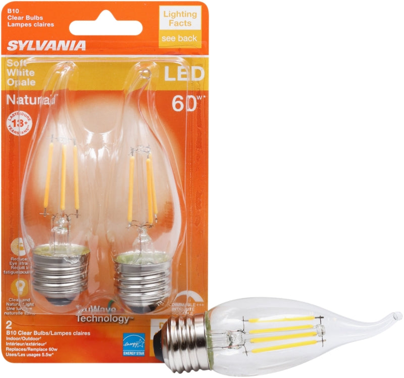 Sylvania 40758 LED Bulb, Decorative, B10 Bent Tip Lamp, 60 W Equivalent, E26 Lamp Base, Dimmable, Clear