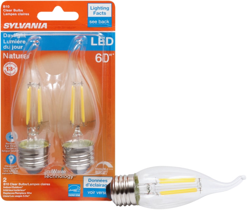 Sylvania 40760 LED Bulb, Decorative, B10 Bent Tip Lamp, 60 W Equivalent, E26 Lamp Base, Dimmable, Clear, Daylight Light