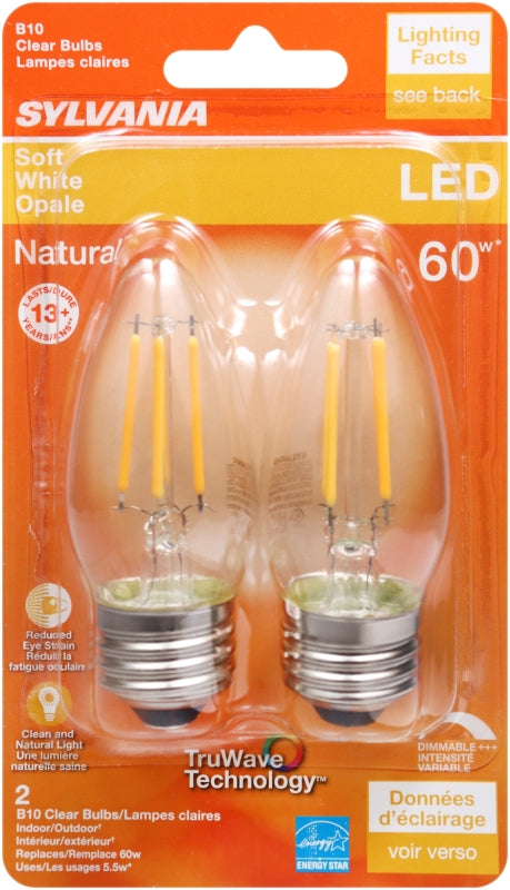 Sylvania Natural Series 40795 LED Bulb, Decorative, B10 Blunt Tip Lamp, 60 W Equivalent, E26 Medium Lamp Base, Dimmable