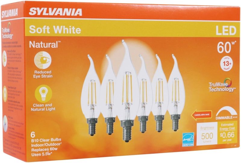 Sylvania Natural Series 40773 LED Bulb, Decorative, B10 Bent Tip Lamp, 60 W Equivalent, E12 Candelabra Lamp Base, Clear