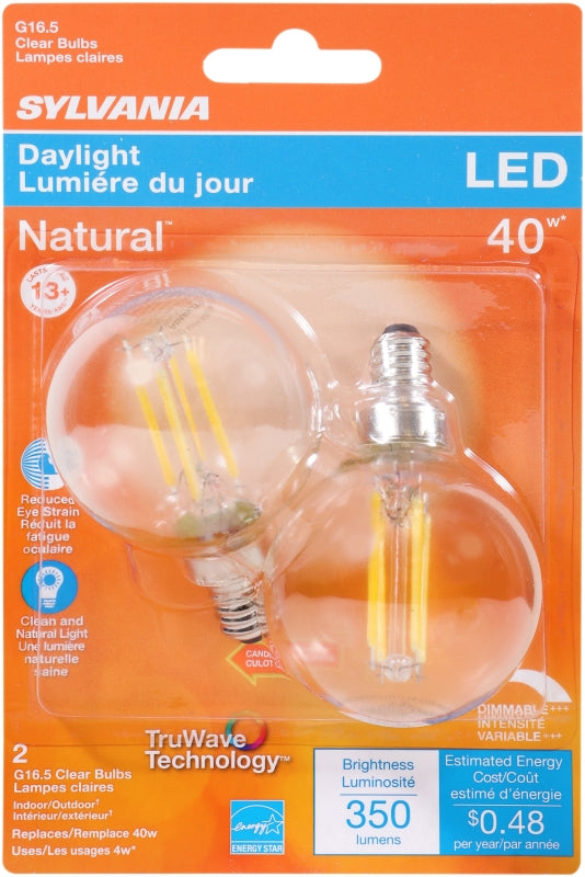 Sylvania 40849 Natural LED Bulb, Decorative, G16.5 Lamp, 40 W Equivalent, E12 Lamp Base, Dimmable, Clear, Daylight Light