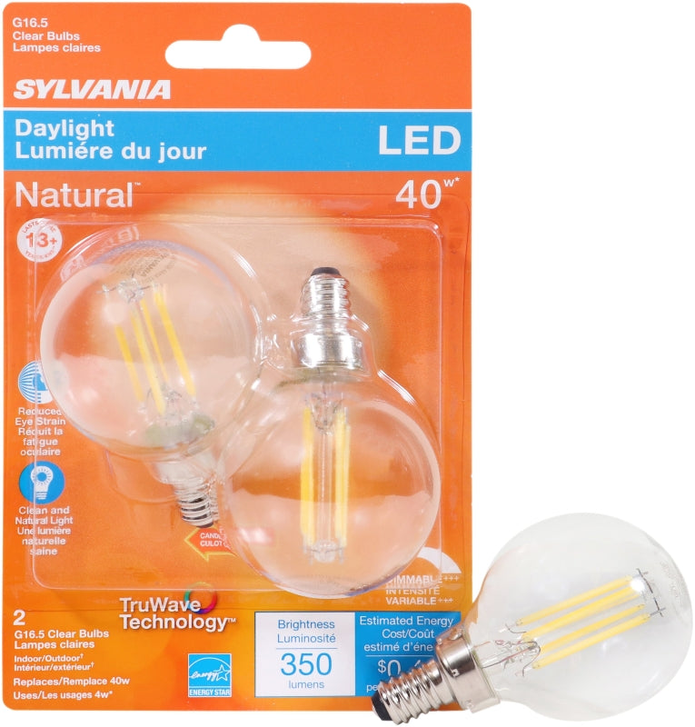 Sylvania 40849 Natural LED Bulb, Decorative, G16.5 Lamp, 40 W Equivalent, E12 Lamp Base, Dimmable, Clear, Daylight Light