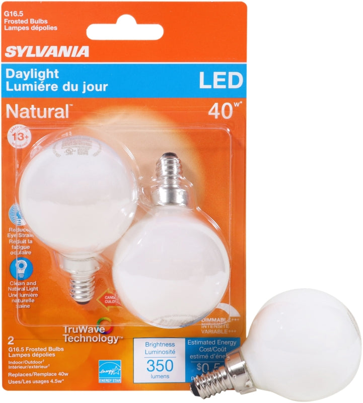 Sylvania 40798 Natural LED Bulb, Decorative, G16.5 Lamp, 40 W Equivalent, E12 Lamp Base, Dimmable, Frosted
