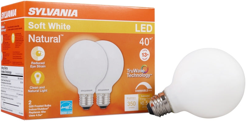 Sylvania 40765 LED Bulb, Globe, G25 Lamp, 40 W Equivalent, E26 Lamp Base, Dimmable, Frosted, Soft White Light