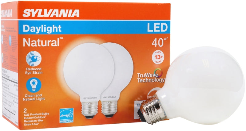 Sylvania 40766 LED Bulb, Globe, G25 Lamp, 40 W Equivalent, E26 Lamp Base, Dimmable, Frosted, Daylight Light