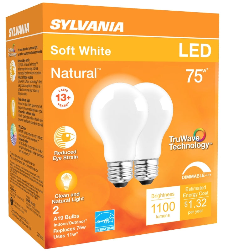 Sylvania 40750 Natural LED Bulb, General Purpose, A19 Lamp, 75 W Equivalent, E26 Lamp Base, Dimmable, Frosted