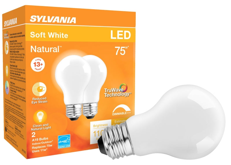 Sylvania 40750 Natural LED Bulb, General Purpose, A19 Lamp, 75 W Equivalent, E26 Lamp Base, Dimmable, Frosted