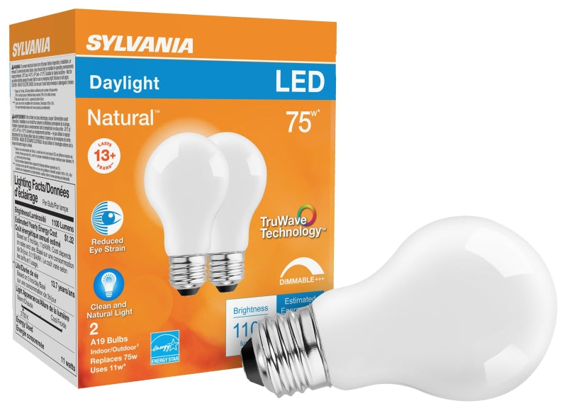 Sylvania TruWave Series 40751 LED Bulb, A19 Lamp, 75 W Equivalent, E26 Lamp Base, Dimmable, Frosted, 5000 K Color Temp