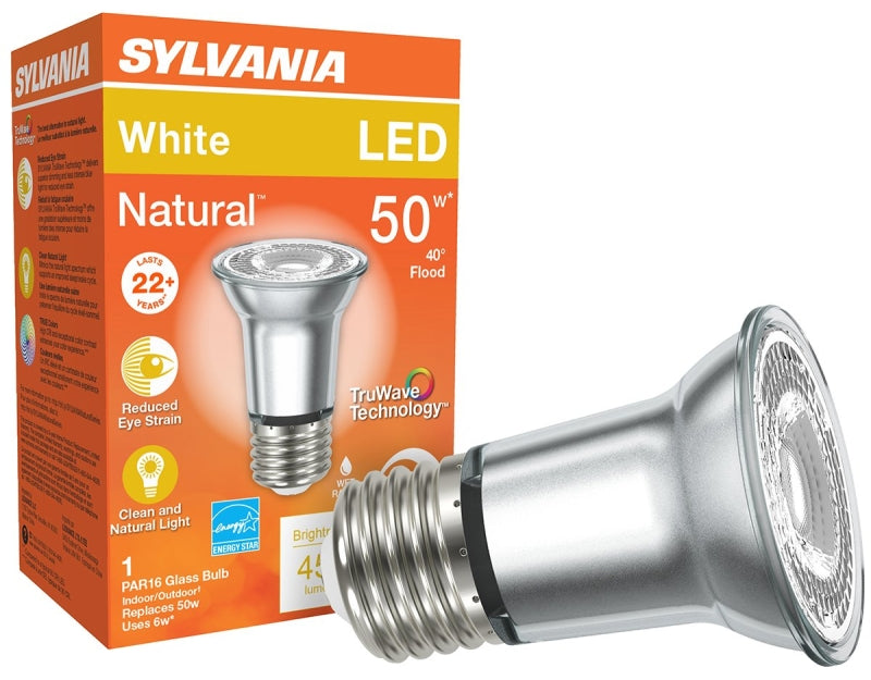 Sylvania Natural Series 40930 LED Bulb, PAR16 Lamp, E26 Medium Lamp Base, Dimmable, Cool White, 3000 K Color Temp