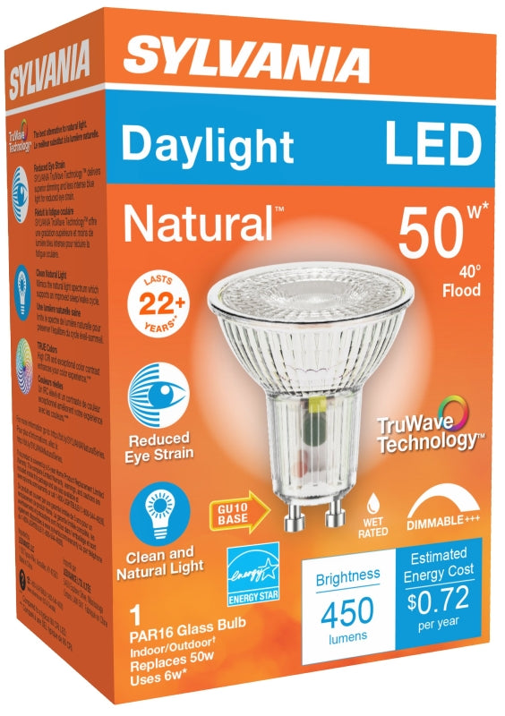 Sylvania 40933 Natural LED Bulb, Spotlight, PAR16 Lamp, 50 W Equivalent, GU10 Lamp Base, Dimmable, Silver