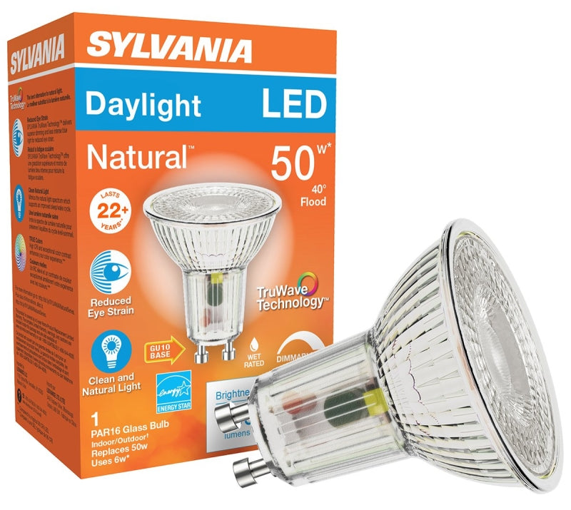 Sylvania 40933 Natural LED Bulb, Spotlight, PAR16 Lamp, 50 W Equivalent, GU10 Lamp Base, Dimmable, Silver