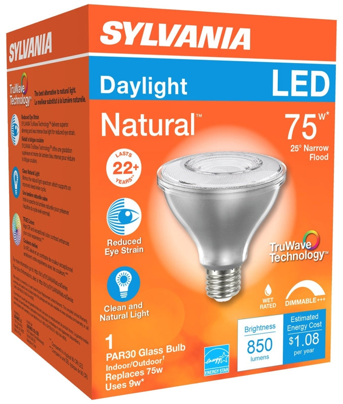 Sylvania Natural Series 40915 LED Bulb, PAR30 Lamp, E26 Medium Lamp Base, Dimmable, Clear, Daylight, 5000 K Color Temp