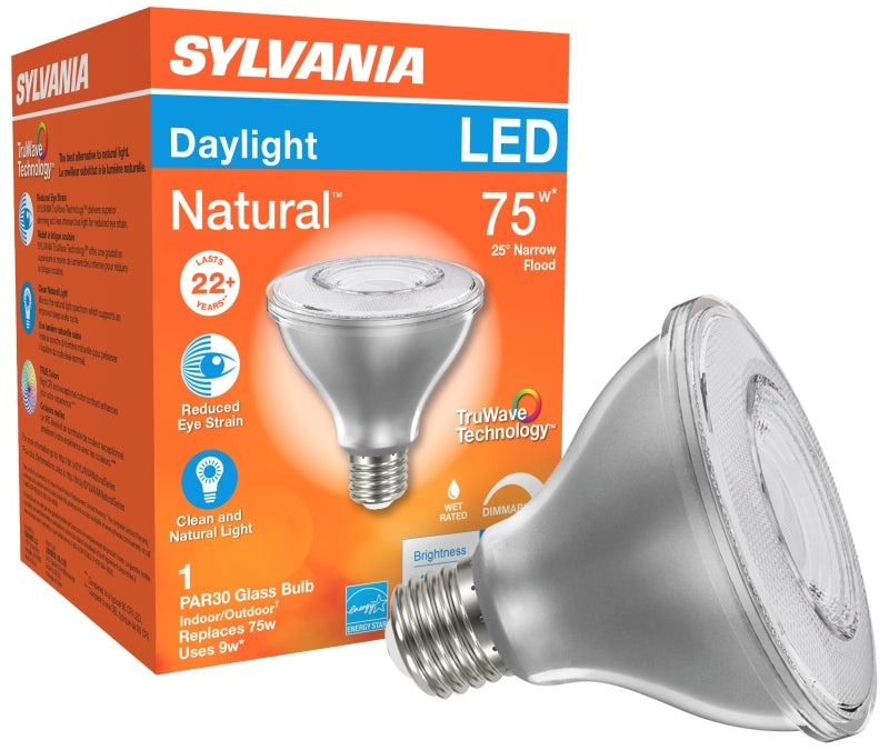 Sylvania Natural Series 40915 LED Bulb, PAR30 Lamp, E26 Medium Lamp Base, Dimmable, Clear, Daylight, 5000 K Color Temp