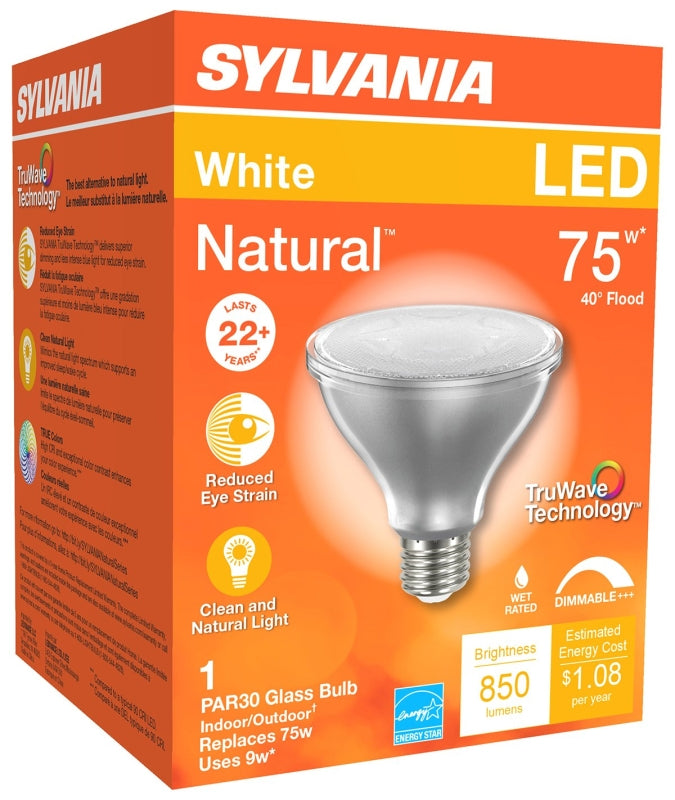 Sylvania 40916 Natural LED Bulb, 120 V, 850 Lumens, 10 W, PAR30 Lamp, E26 Lamp Base, Dimmable, Clear, Cool White