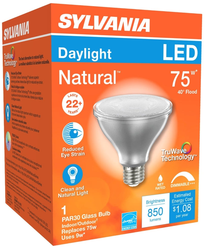 Sylvania Natural Series 40917 LED Bulb, PAR30 Lamp, E26 Medium Lamp Base, Dimmable, Clear, Daylight, 5000 K Color Temp