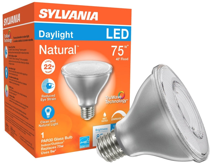 Sylvania Natural Series 40917 LED Bulb, PAR30 Lamp, E26 Medium Lamp Base, Dimmable, Clear, Daylight, 5000 K Color Temp