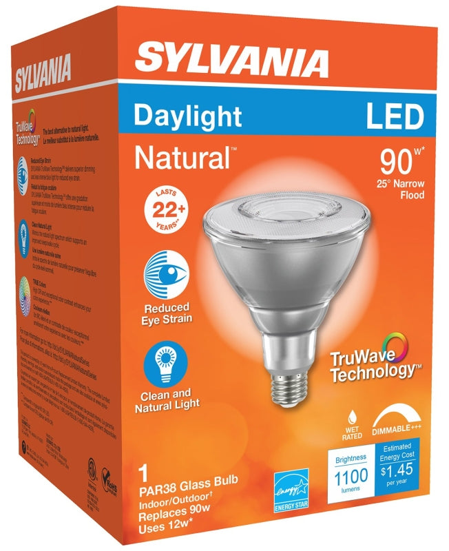 Sylvania 40900 Natural LED Bulb, Spotlight, 1100 Lumens, 13 W, PAR38 Lamp, E26 Lamp Base, Dimmable, Clear, Daylight