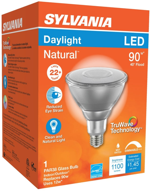 Sylvania Natural Series 40902 LED Bulb, PAR38 Lamp, E26 Medium Lamp Base, Dimmable, Daylight, 5000 K Color Temp