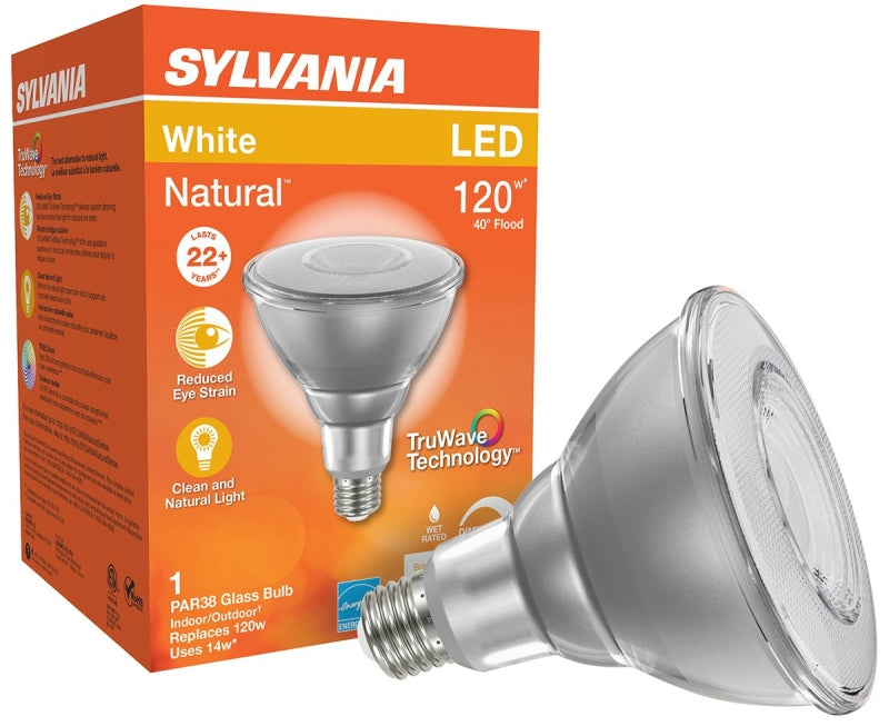 Sylvania 40905 Natural LED Bulb, PAR38 Lamp, E26 Medium Lamp Base, Dimmable, Clear, Cool White, 3000 K Color Temp