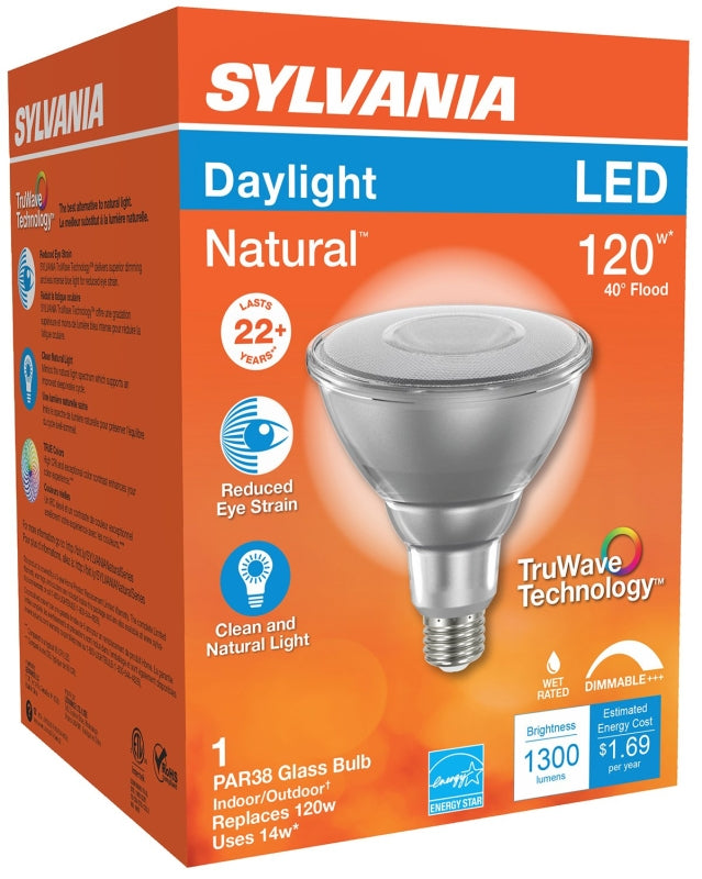 Sylvania 40906 Natural LED Bulb, PAR38 Lamp, 90 W Equivalent, E26 Medium Lamp Base, Dimmable, Clear, Daylight